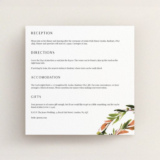 Wedding Information Sheet Design - "Watercolour Olive Wreath" A wedding information sheet design titled "Watercolour Olive Wreath". It is a square (148mm x 148mm) card in a square orientation. "Watercolour Olive Wreath" is available as a flat card, with tones of white and green.