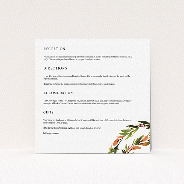 A wedding information sheet design titled "Watercolour Olive Wreath". It is a square (148mm x 148mm) card in a square orientation. "Watercolour Olive Wreath" is available as a flat card, with tones of white and green.