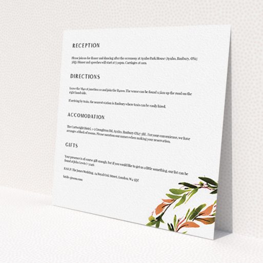 A wedding information sheet design titled 'Watercolour Olive Wreath'. It is a square (148mm x 148mm) card in a square orientation. 'Watercolour Olive Wreath' is available as a flat card, with tones of white and green.