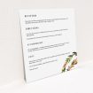 A wedding information sheet design titled "Watercolour Olive Wreath". It is a square (148mm x 148mm) card in a square orientation. "Watercolour Olive Wreath" is available as a flat card, with tones of white and green.