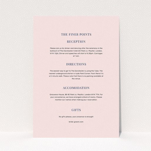 A wedding information sheet design titled "Wedding bands". It is an A5 card in a portrait orientation. "Wedding bands" is available as a flat card, with mainly light pink colouring.