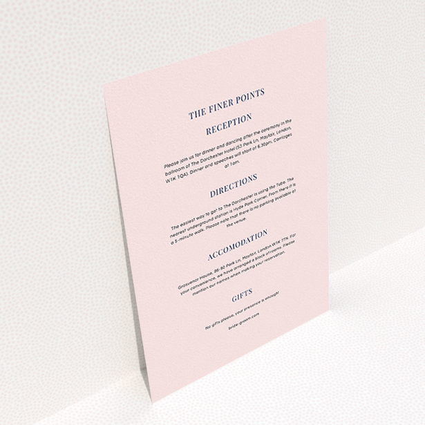 A wedding information sheet design titled "Wedding bands". It is an A5 card in a portrait orientation. "Wedding bands" is available as a flat card, with mainly light pink colouring.