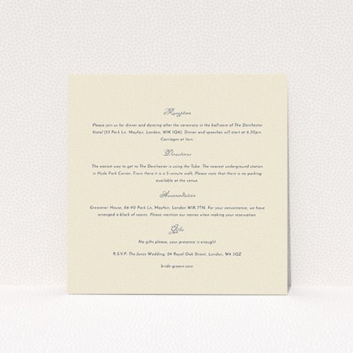 A wedding information sheet design called "Wedding bells". It is a square (148mm x 148mm) card in a square orientation. "Wedding bells" is available as a flat card, with mainly cream colouring.