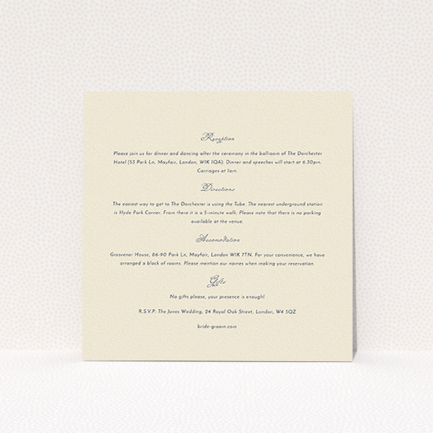 A wedding information sheet design called "Wedding bells". It is a square (148mm x 148mm) card in a square orientation. "Wedding bells" is available as a flat card, with mainly cream colouring.