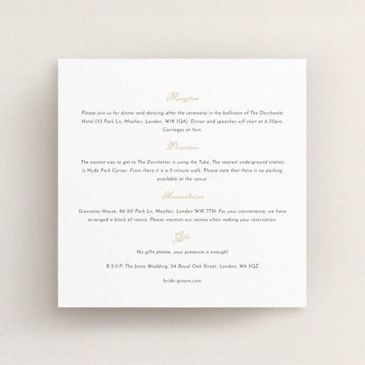 Wedding Information Insert Sheets - Wedding Bells (Black) A wedding information sheet template titled "Wedding bells". It is a square (148mm x 148mm) card in a square orientation. "Wedding bells" is available as a flat card, with mainly white colouring.