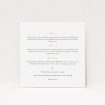 A wedding information sheet template titled "Wedding bells". It is a square (148mm x 148mm) card in a square orientation. "Wedding bells" is available as a flat card, with mainly white colouring.