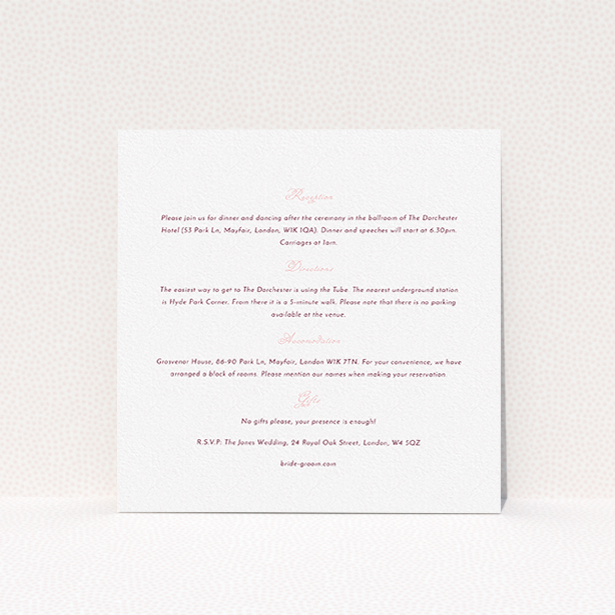 A wedding information sheet design titled "Wedding bells". It is a square (148mm x 148mm) card in a square orientation. "Wedding bells" is available as a flat card, with mainly white colouring.