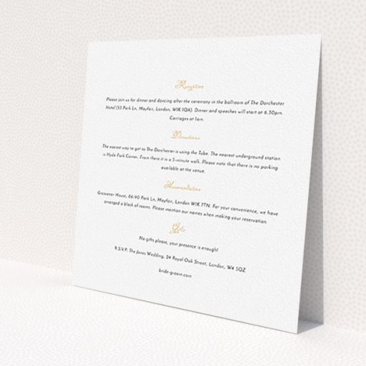 A wedding information sheet template titled 'Wedding bells'. It is a square (148mm x 148mm) card in a square orientation. 'Wedding bells' is available as a flat card, with mainly white colouring.