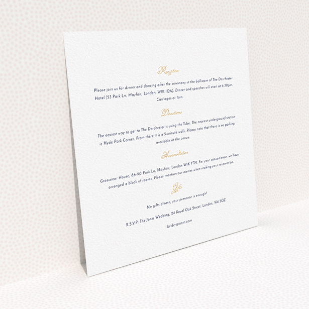 A wedding information sheet called "Wedding bells". It is a square (148mm x 148mm) card in a square orientation. "Wedding bells" is available as a flat card, with mainly white colouring.