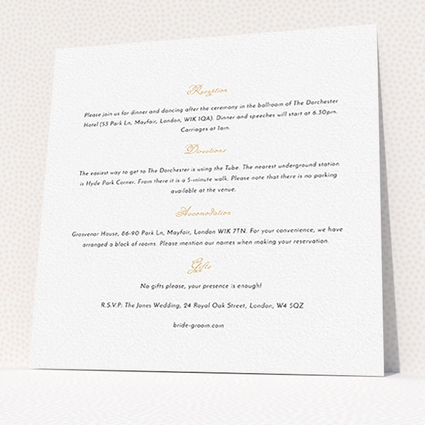 A wedding information sheet template titled "Wedding bells". It is a square (148mm x 148mm) card in a square orientation. "Wedding bells" is available as a flat card, with mainly white colouring.