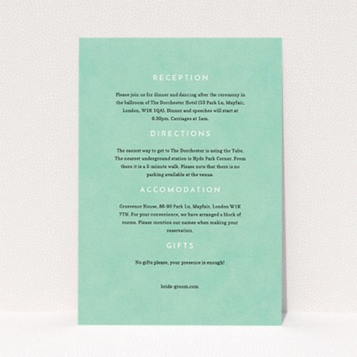 A wedding information sheet named "Worn Green". It is an A6 card in a portrait orientation. "Worn Green" is available as a flat card, with mainly green colouring.