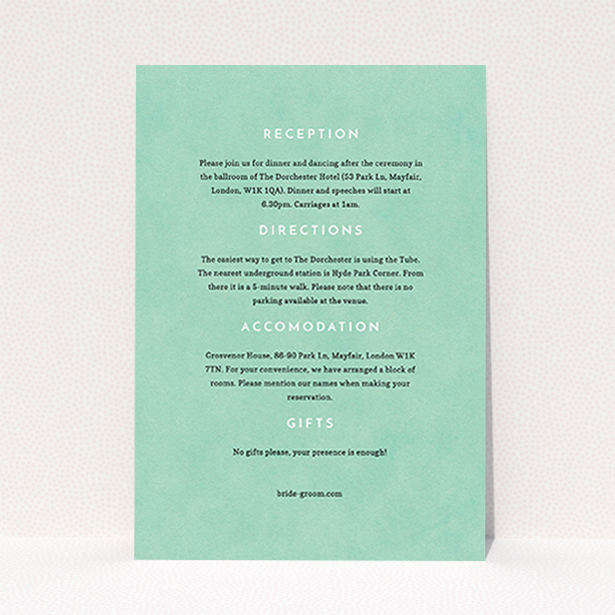 A wedding information sheet named "Worn Green". It is an A6 card in a portrait orientation. "Worn Green" is available as a flat card, with mainly green colouring.