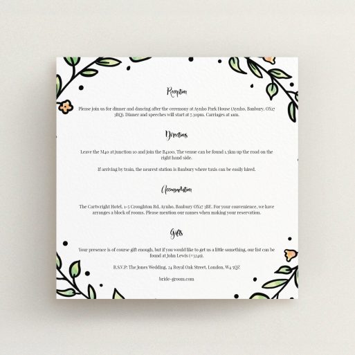 A wedding information sheet called "Wreath Outline". It is a square (148mm x 148mm) card in a square orientation. "Wreath Outline" is available as a flat card, with tones of white and green.