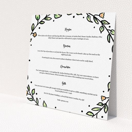 A wedding information sheet called 'Wreath Outline'. It is a square (148mm x 148mm) card in a square orientation. 'Wreath Outline' is available as a flat card, with tones of white and green.