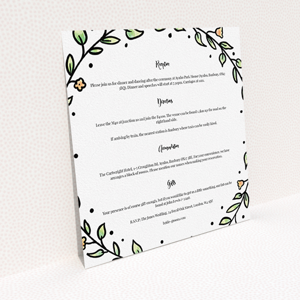 A wedding information sheet called "Wreath Outline". It is a square (148mm x 148mm) card in a square orientation. "Wreath Outline" is available as a flat card, with tones of white and green.