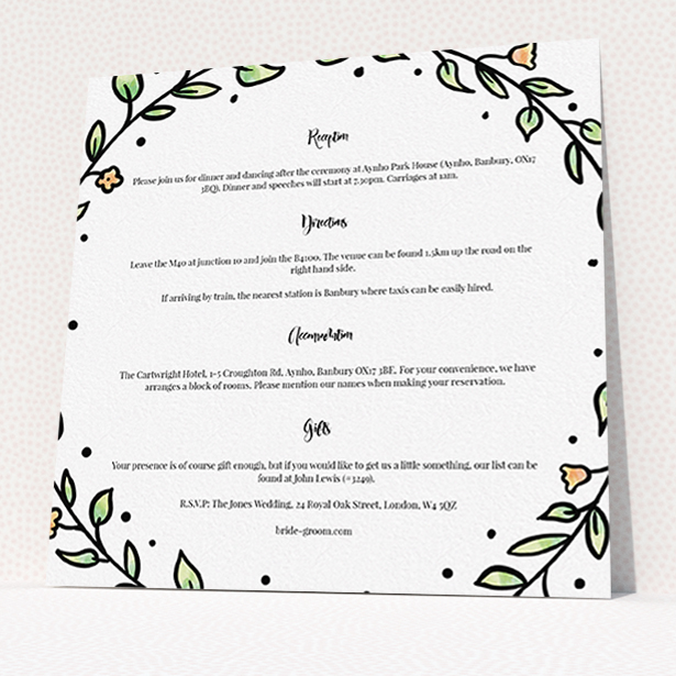 A wedding information sheet called "Wreath Outline". It is a square (148mm x 148mm) card in a square orientation. "Wreath Outline" is available as a flat card, with tones of white and green.