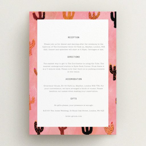 Wedding Insert Card Design - "Albuquerque" A wedding insert card design named "Albuquerque". It is an A5 card in a portrait orientation. "Albuquerque" is available as a flat card, with tones of dark pink and orange.
