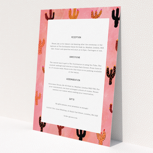 A wedding insert card design named 'Albuquerque'. It is an A5 card in a portrait orientation. 'Albuquerque' is available as a flat card, with tones of dark pink and orange.
