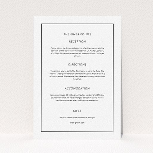 A wedding insert card design titled "Black on black". It is an A6 card in a portrait orientation. "Black on black" is available as a flat card, with mainly white colouring.
