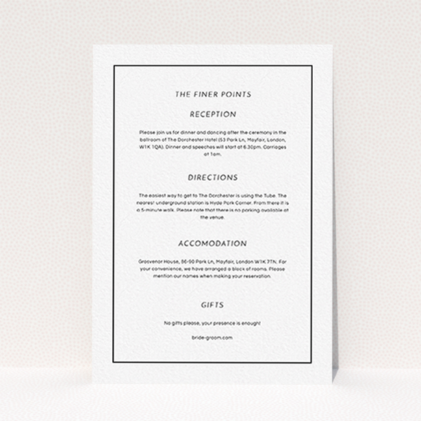 A wedding insert card design titled "Black on black". It is an A6 card in a portrait orientation. "Black on black" is available as a flat card, with mainly white colouring.