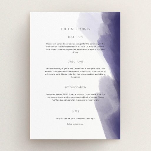 Wedding Insert Card Design - "Blue and Cream" A wedding insert card named "Blue and Cream". It is an A5 card in a portrait orientation. "Blue and Cream" is available as a flat card, with tones of blue and white.