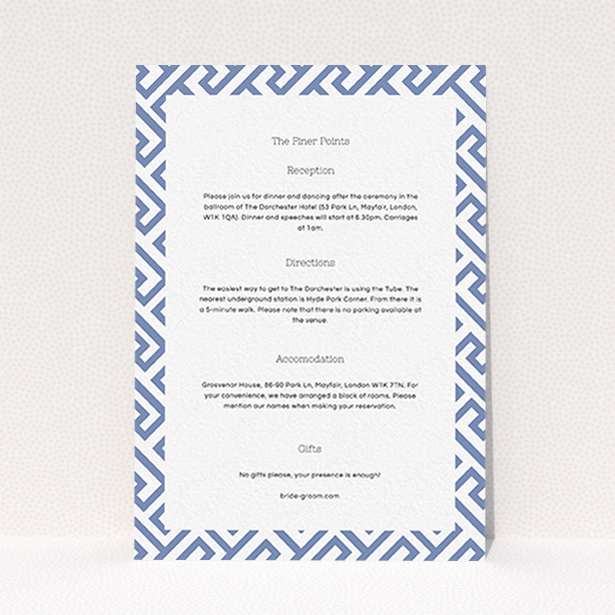 A wedding insert card design named "Blue and white maze". It is an A6 card in a portrait orientation. "Blue and white maze" is available as a flat card, with mainly light blue colouring.