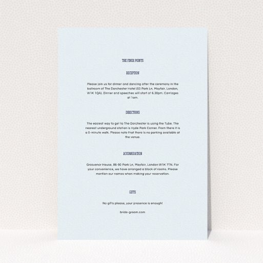 A wedding insert card design titled "Bold border". It is an A5 card in a portrait orientation. "Bold border" is available as a flat card, with mainly light blue colouring.