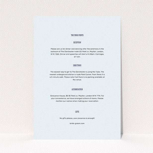A wedding insert card design titled "Bold border". It is an A5 card in a portrait orientation. "Bold border" is available as a flat card, with mainly light blue colouring.