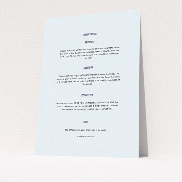 A wedding insert card design titled "Bold border". It is an A5 card in a portrait orientation. "Bold border" is available as a flat card, with mainly light blue colouring.