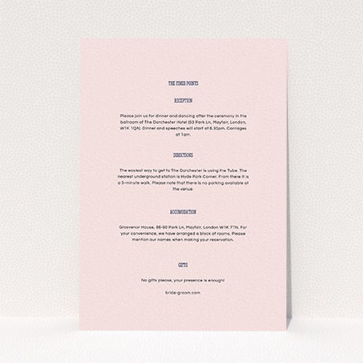 A wedding insert card template titled "Bold border". It is an A6 card in a portrait orientation. "Bold border" is available as a flat card, with mainly light pink colouring.