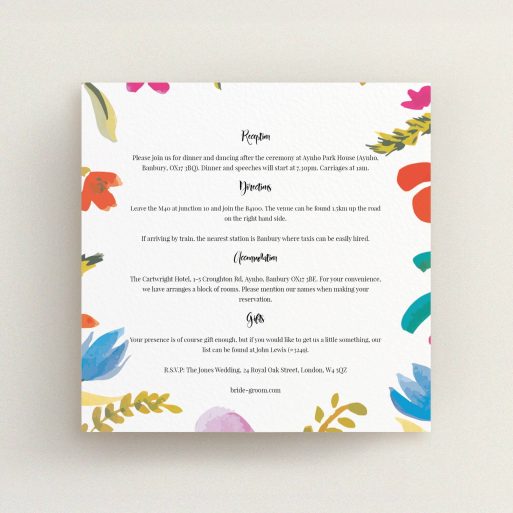 Wedding Insert Card Design - "Botanical Pop" A wedding insert card template titled "Botanical Pop". It is a square (148mm x 148mm) card in a square orientation. "Botanical Pop" is available as a flat card, with tones of white and red.