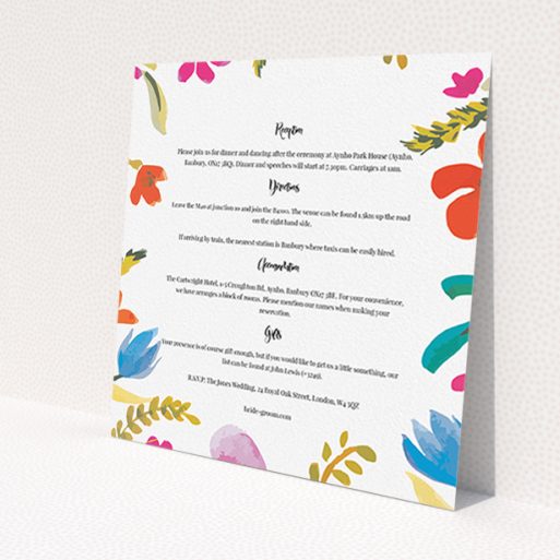 A wedding insert card template titled 'Botanical Pop'. It is a square (148mm x 148mm) card in a square orientation. 'Botanical Pop' is available as a flat card, with tones of white and red.