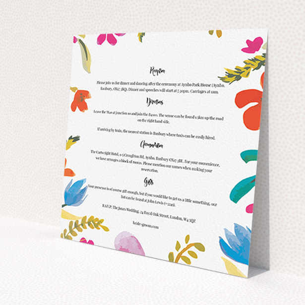 A wedding insert card template titled "Botanical Pop". It is a square (148mm x 148mm) card in a square orientation. "Botanical Pop" is available as a flat card, with tones of white and red.