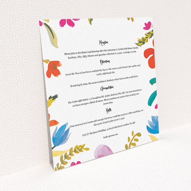 A wedding insert card template titled "Botanical Pop". It is a square (148mm x 148mm) card in a square orientation. "Botanical Pop" is available as a flat card, with tones of white and red.