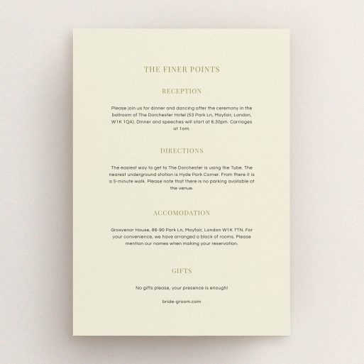 Wedding Information Insert Sheets - Bullet Point (Cream) A wedding insert card called "Bullet point". It is an A5 card in a portrait orientation. "Bullet point" is available as a flat card, with mainly cream colouring.