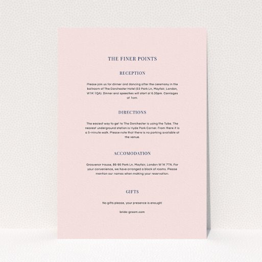A wedding insert card design called "Bullet point". It is an A5 card in a portrait orientation. "Bullet point" is available as a flat card, with mainly light pink colouring.