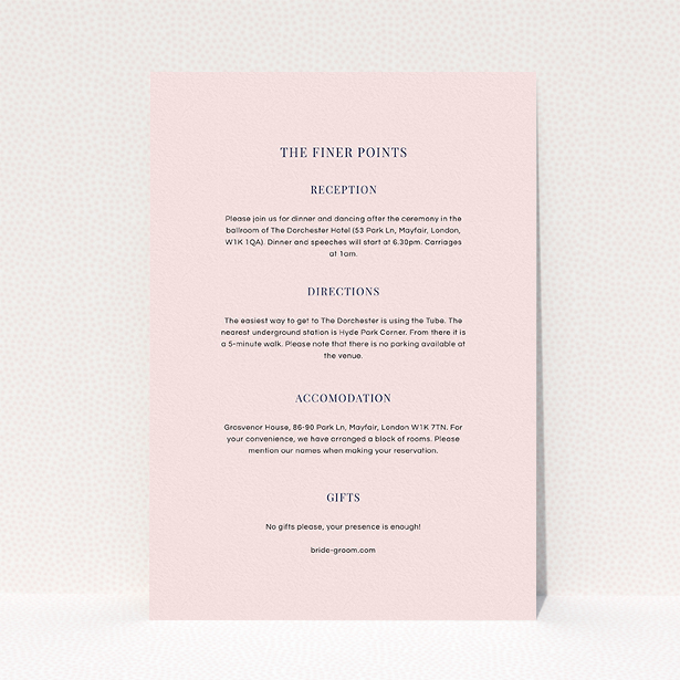 A wedding insert card design called "Bullet point". It is an A5 card in a portrait orientation. "Bullet point" is available as a flat card, with mainly light pink colouring.