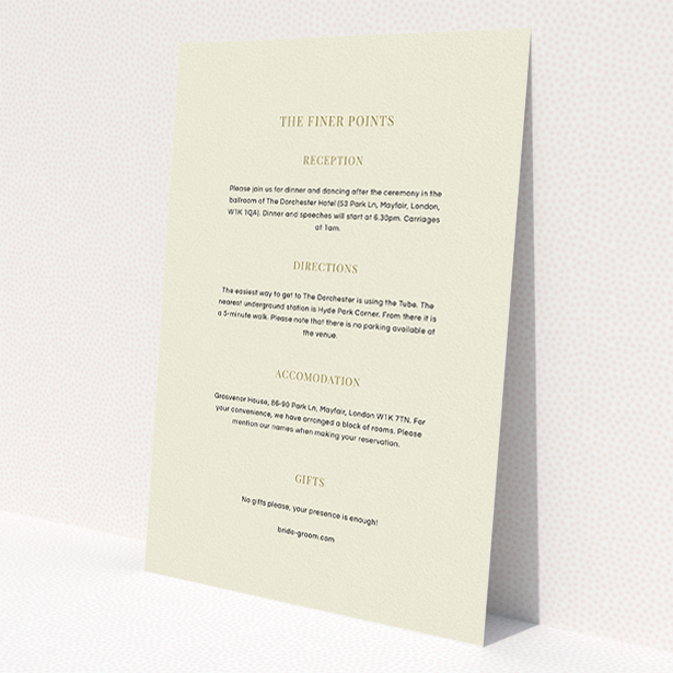 A wedding insert card called 'Bullet point'. It is an A5 card in a portrait orientation. 'Bullet point' is available as a flat card, with mainly cream colouring.