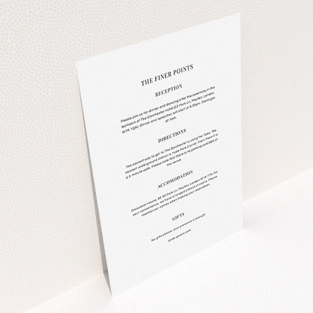A wedding insert card called "Bullet point". It is an A5 card in a portrait orientation. "Bullet point" is available as a flat card, with mainly white colouring.