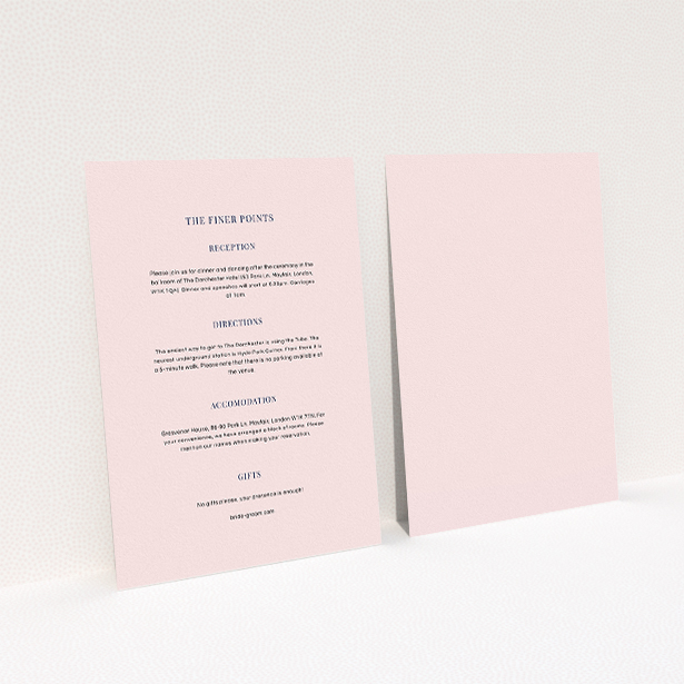 A wedding insert card design called "Bullet point". It is an A5 card in a portrait orientation. "Bullet point" is available as a flat card, with mainly light pink colouring.