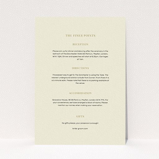 A wedding insert card design named "Bullet point". It is an A6 card in a portrait orientation. "Bullet point" is available as a flat card, with mainly cream colouring.
