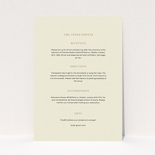 A wedding insert card design named "Bullet point". It is an A6 card in a portrait orientation. "Bullet point" is available as a flat card, with mainly cream colouring.