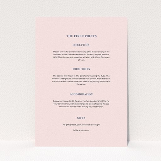 A wedding insert card called "Bullet point". It is an A6 card in a portrait orientation. "Bullet point" is available as a flat card, with mainly light pink colouring.