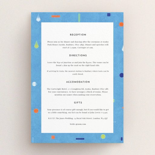 Wedding Insert Card Design - "Capri" A wedding insert card template titled "Capri". It is an A5 card in a portrait orientation. "Capri" is available as a flat card, with tones of blue and green.