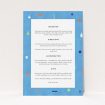 A wedding insert card template titled "Capri". It is an A5 card in a portrait orientation. "Capri" is available as a flat card, with tones of blue and green.