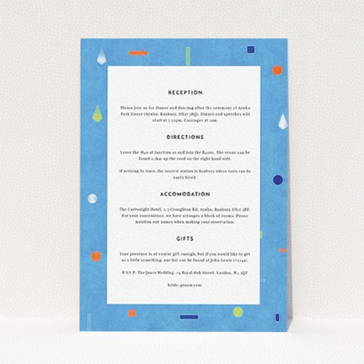 A wedding insert card design titled "Capri". It is an A6 card in a portrait orientation. "Capri" is available as a flat card, with tones of blue and green.