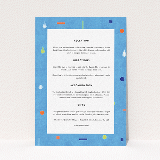 A wedding insert card design titled "Capri". It is an A6 card in a portrait orientation. "Capri" is available as a flat card, with tones of blue and green.