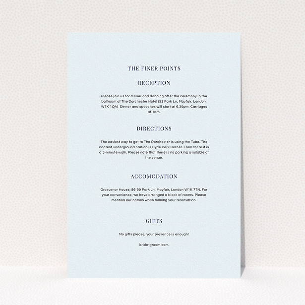 A wedding insert card template titled "Classic face". It is an A5 card in a portrait orientation. "Classic face" is available as a flat card, with mainly light blue colouring.