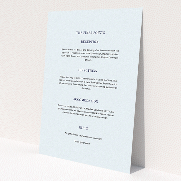 A wedding insert card template titled "Classic face". It is an A5 card in a portrait orientation. "Classic face" is available as a flat card, with mainly light blue colouring.