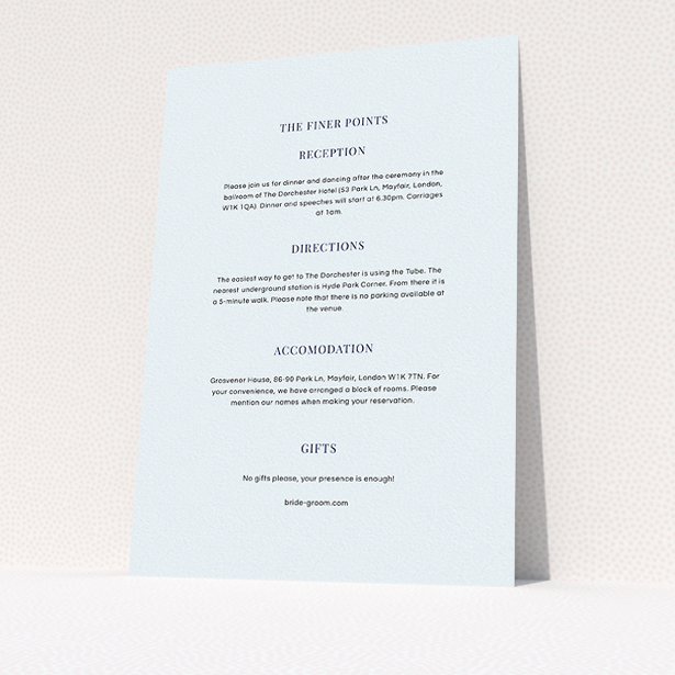 A wedding insert card template titled "Classic face". It is an A5 card in a portrait orientation. "Classic face" is available as a flat card, with mainly light blue colouring.